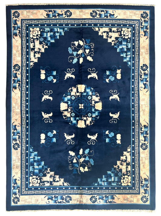 Hand-Knotted Antique Chinese Peking Wool Rug – 5’6” x 7’6” – Full Pile Navy and Cream Design - Tampa Home & Garden Store
