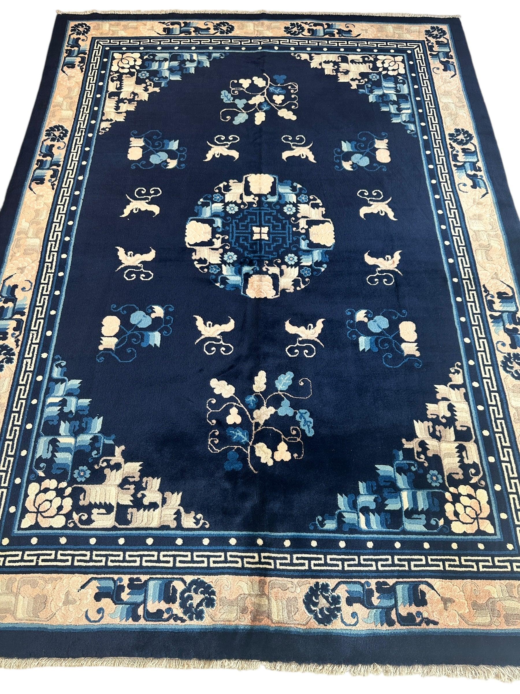 Hand-Knotted Antique Chinese Peking Wool Rug – 5’6” x 7’6” – Full Pile Navy and Cream Design - Tampa Home & Garden Store