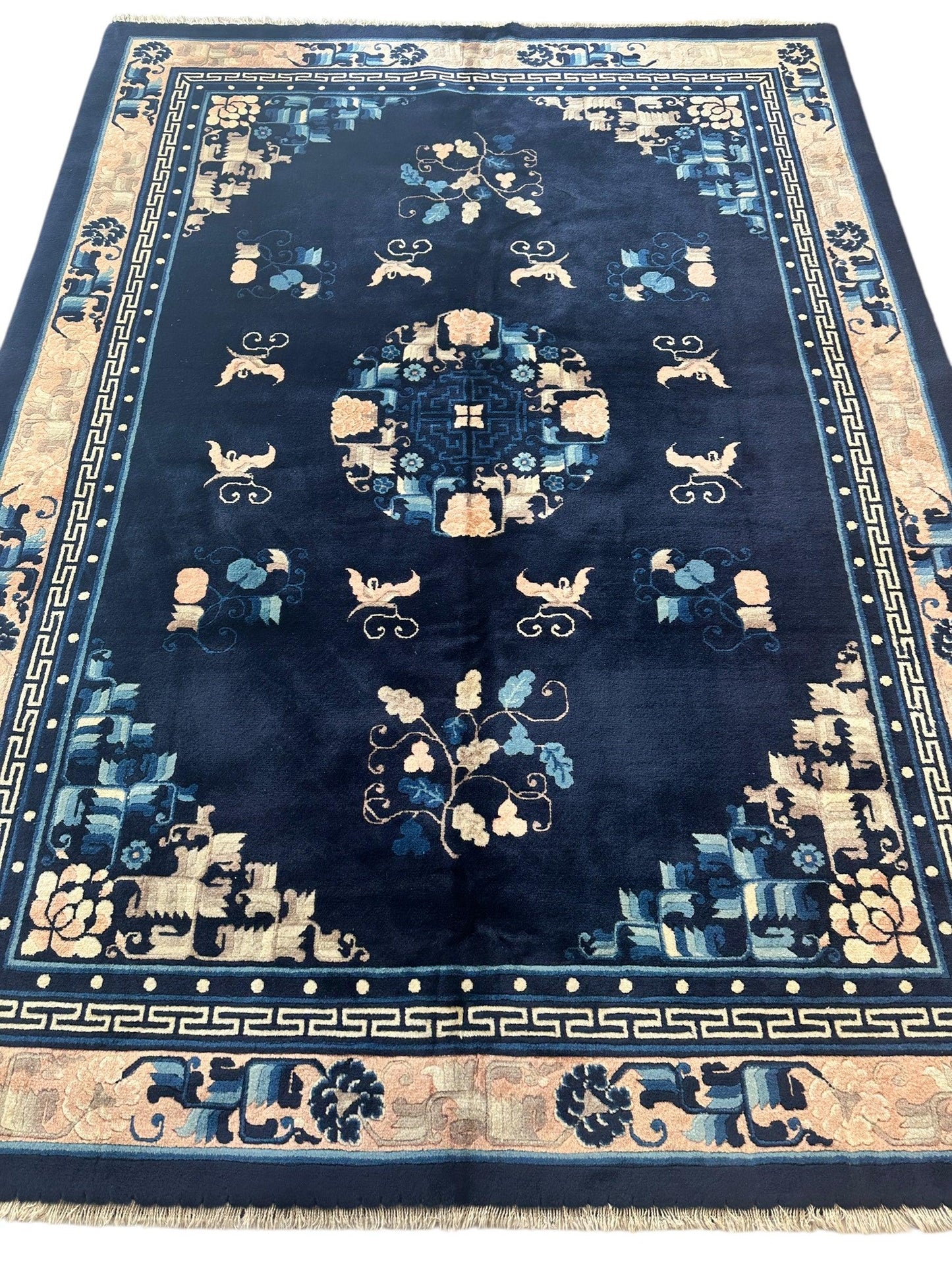 Hand-Knotted Antique Chinese Peking Wool Rug – 5’6” x 7’6” – Full Pile Navy and Cream Design - Tampa Home & Garden Store