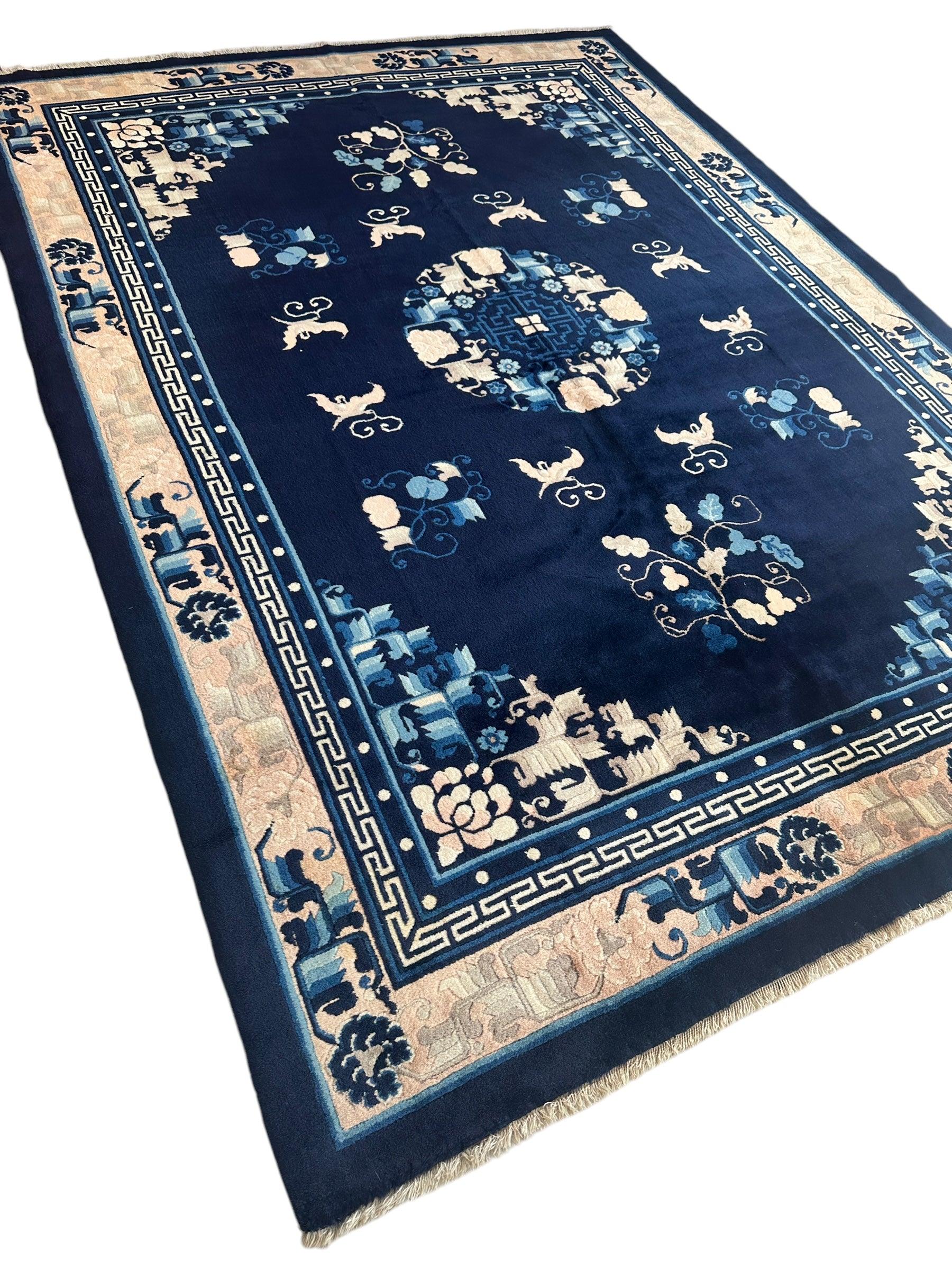 Hand-Knotted Antique Chinese Peking Wool Rug – 5’6” x 7’6” – Full Pile Navy and Cream Design - Tampa Home & Garden Store
