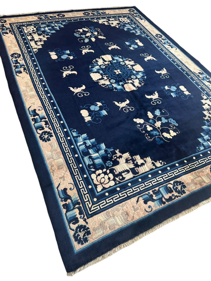 Hand-Knotted Antique Chinese Peking Wool Rug – 5’6” x 7’6” – Full Pile Navy and Cream Design - Tampa Home & Garden Store