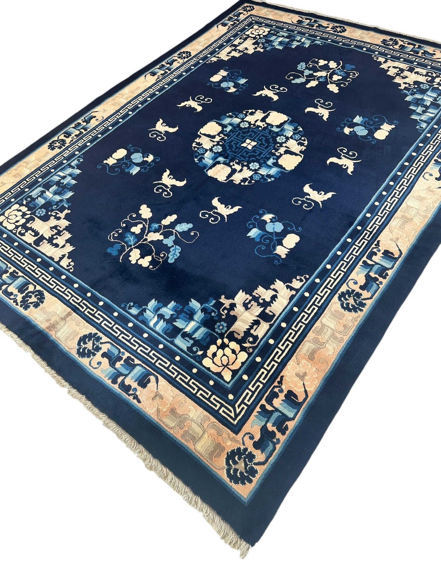 Hand-Knotted Antique Chinese Peking Wool Rug – 5’6” x 7’6” – Full Pile Navy and Cream Design - Tampa Home & Garden Store