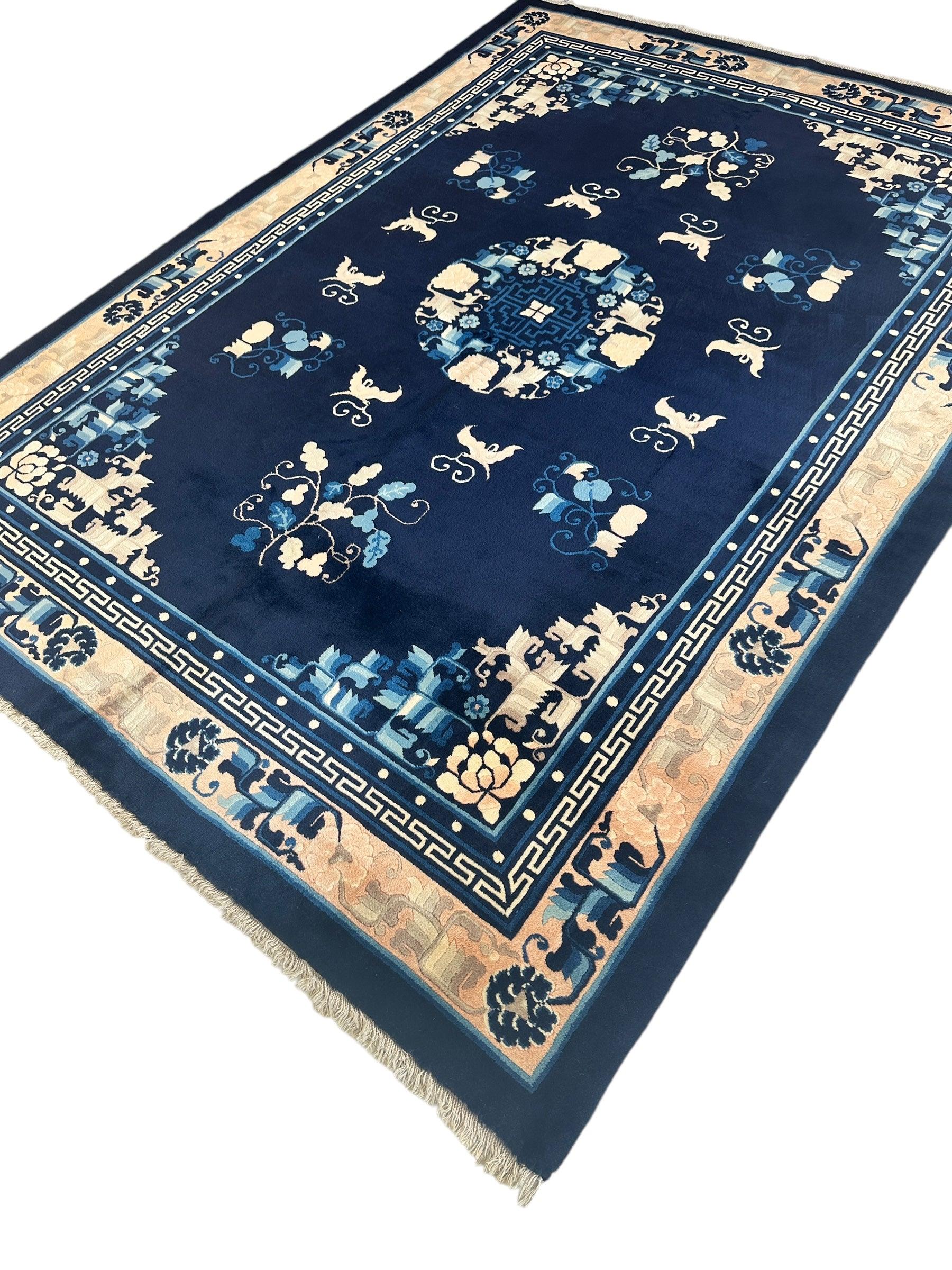 Hand-Knotted Antique Chinese Peking Wool Rug – 5’6” x 7’6” – Full Pile Navy and Cream Design - Tampa Home & Garden Store