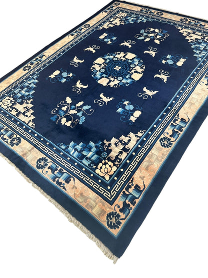 Hand-Knotted Antique Chinese Peking Wool Rug – 5’6” x 7’6” – Full Pile Navy and Cream Design - Tampa Home & Garden Store