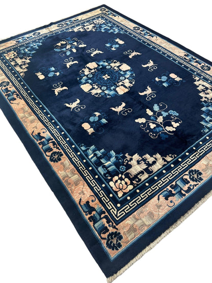Hand-Knotted Antique Chinese Peking Wool Rug – 5’6” x 7’6” – Full Pile Navy and Cream Design - Tampa Home & Garden Store