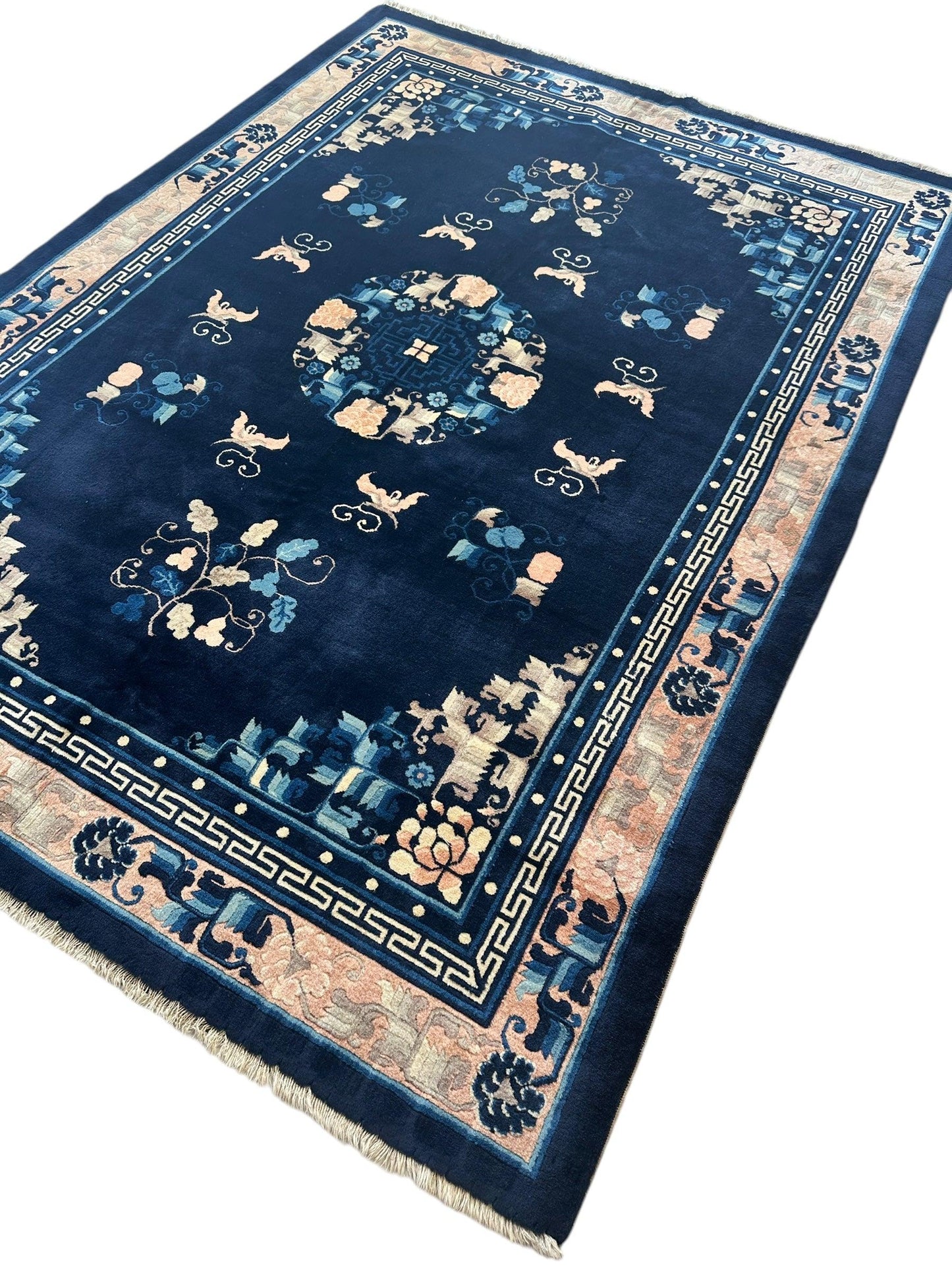 Hand-Knotted Antique Chinese Peking Wool Rug – 5’6” x 7’6” – Full Pile Navy and Cream Design - Tampa Home & Garden Store