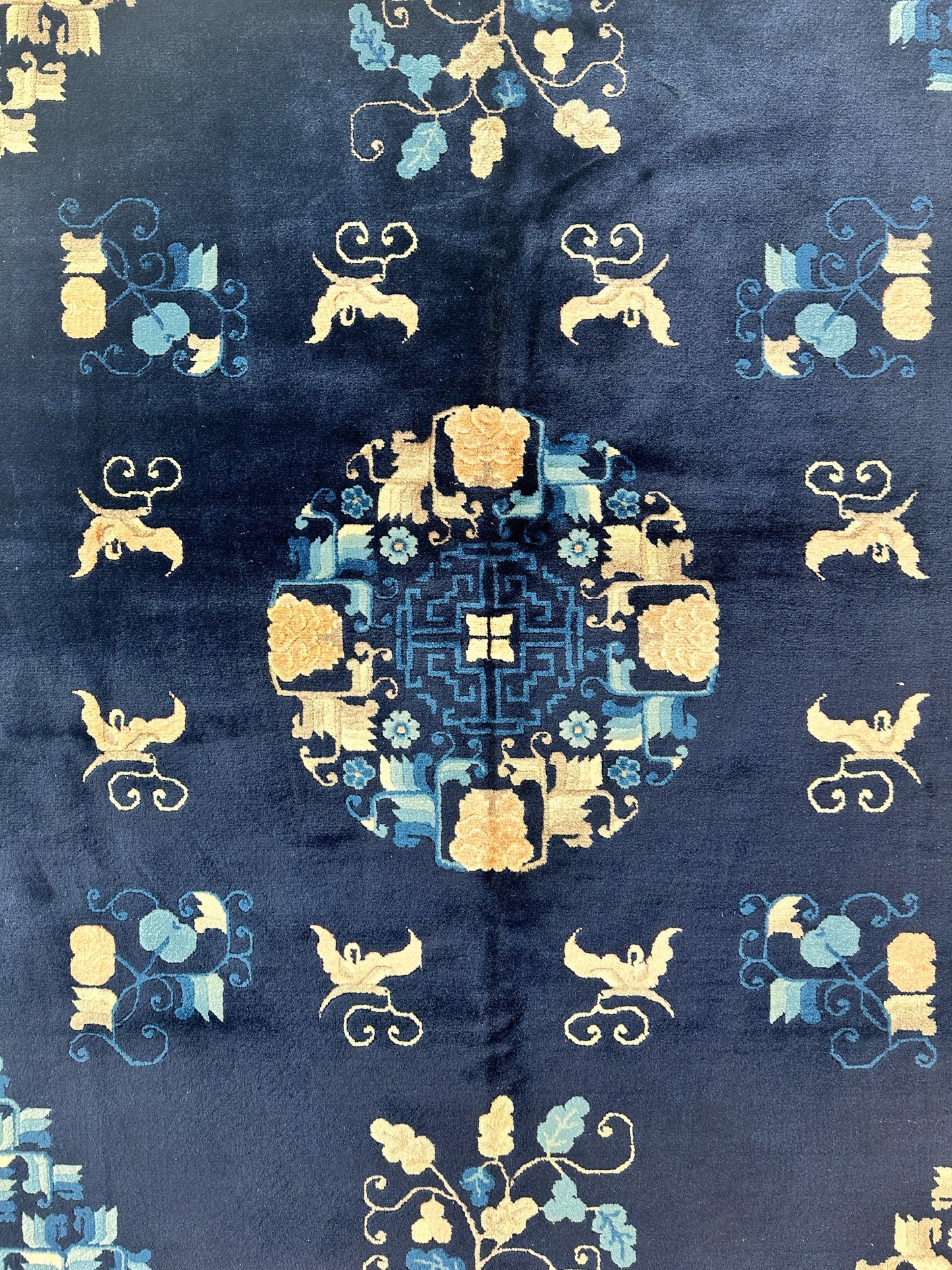 Hand-Knotted Antique Chinese Peking Wool Rug – 5’6” x 7’6” – Full Pile Navy and Cream Design - Tampa Home & Garden Store