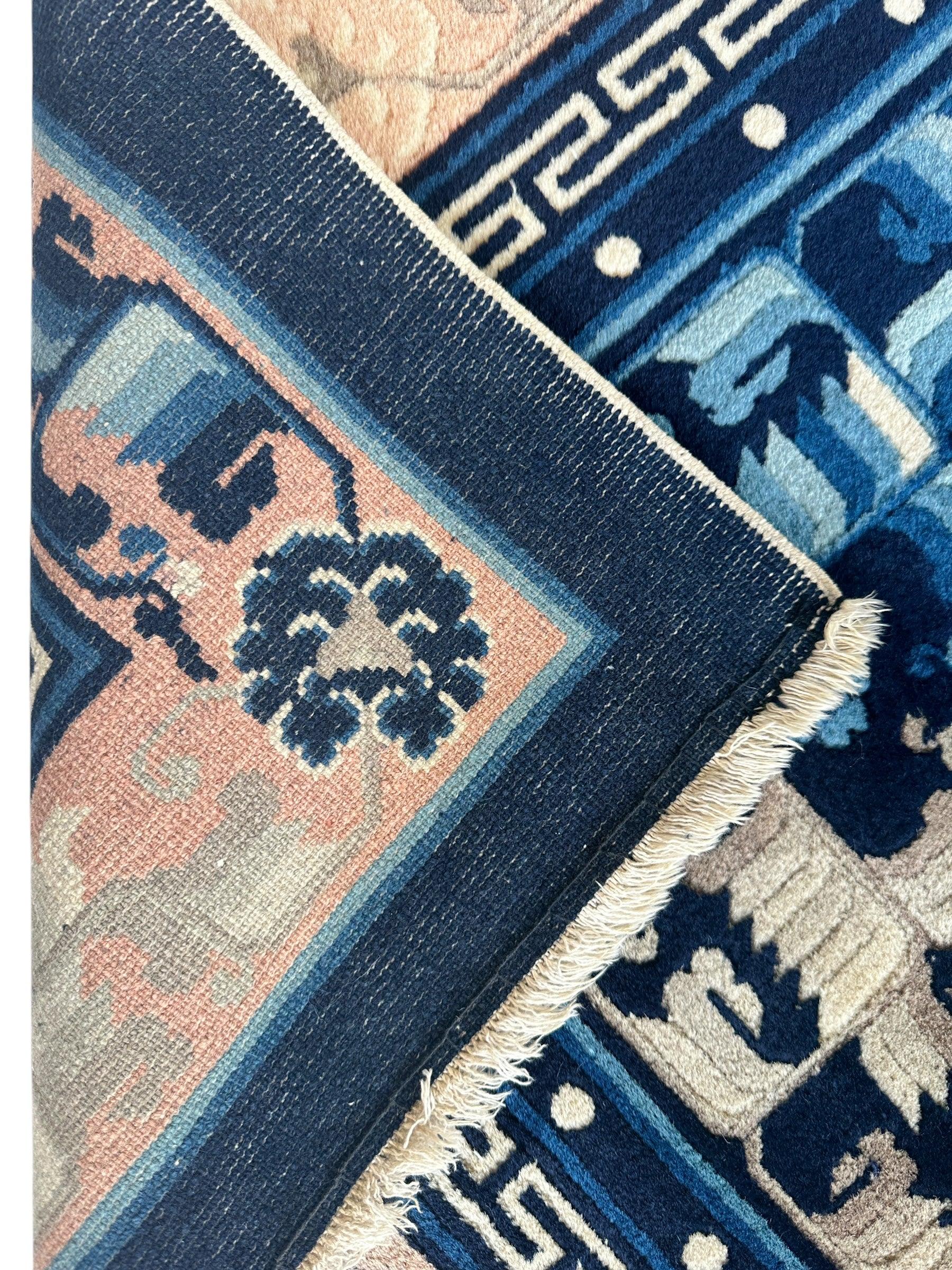 Hand-Knotted Antique Chinese Peking Wool Rug – 5’6” x 7’6” – Full Pile Navy and Cream Design - Tampa Home & Garden Store