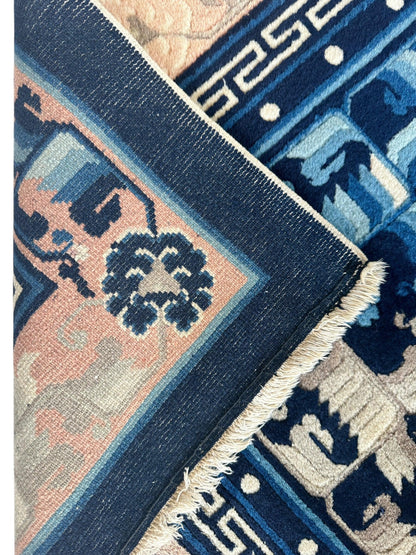 Hand-Knotted Antique Chinese Peking Wool Rug – 5’6” x 7’6” – Full Pile Navy and Cream Design - Tampa Home & Garden Store