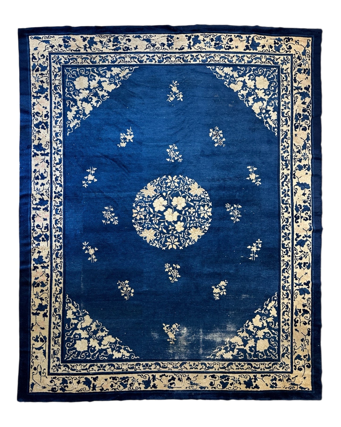 Hand-Knotted Antique Chinese Peking Wool Rug – 9’ x 11’5” – Distressed Blue, 19th Century - Tampa Home & Garden Store