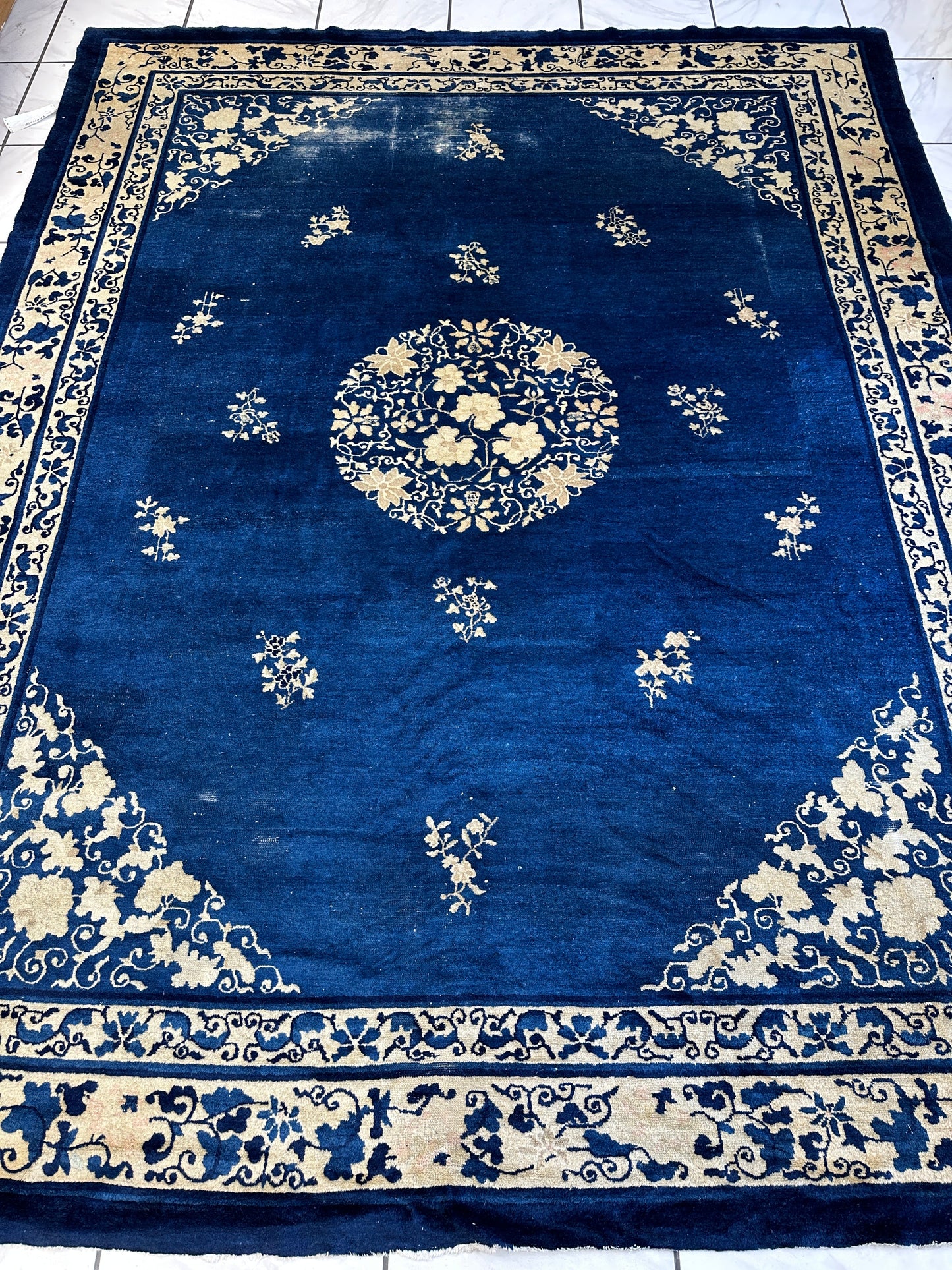 Hand-Knotted Antique Chinese Peking Wool Rug – 9’ x 11’5” – Distressed Blue, 19th Century - Tampa Home & Garden Store