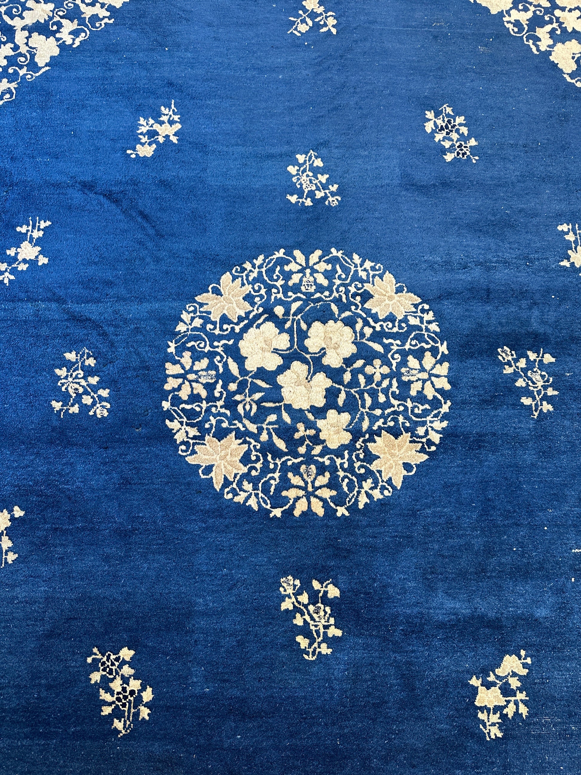 Hand-Knotted Antique Chinese Peking Wool Rug – 9’ x 11’5” – Distressed Blue, 19th Century - Tampa Home & Garden Store