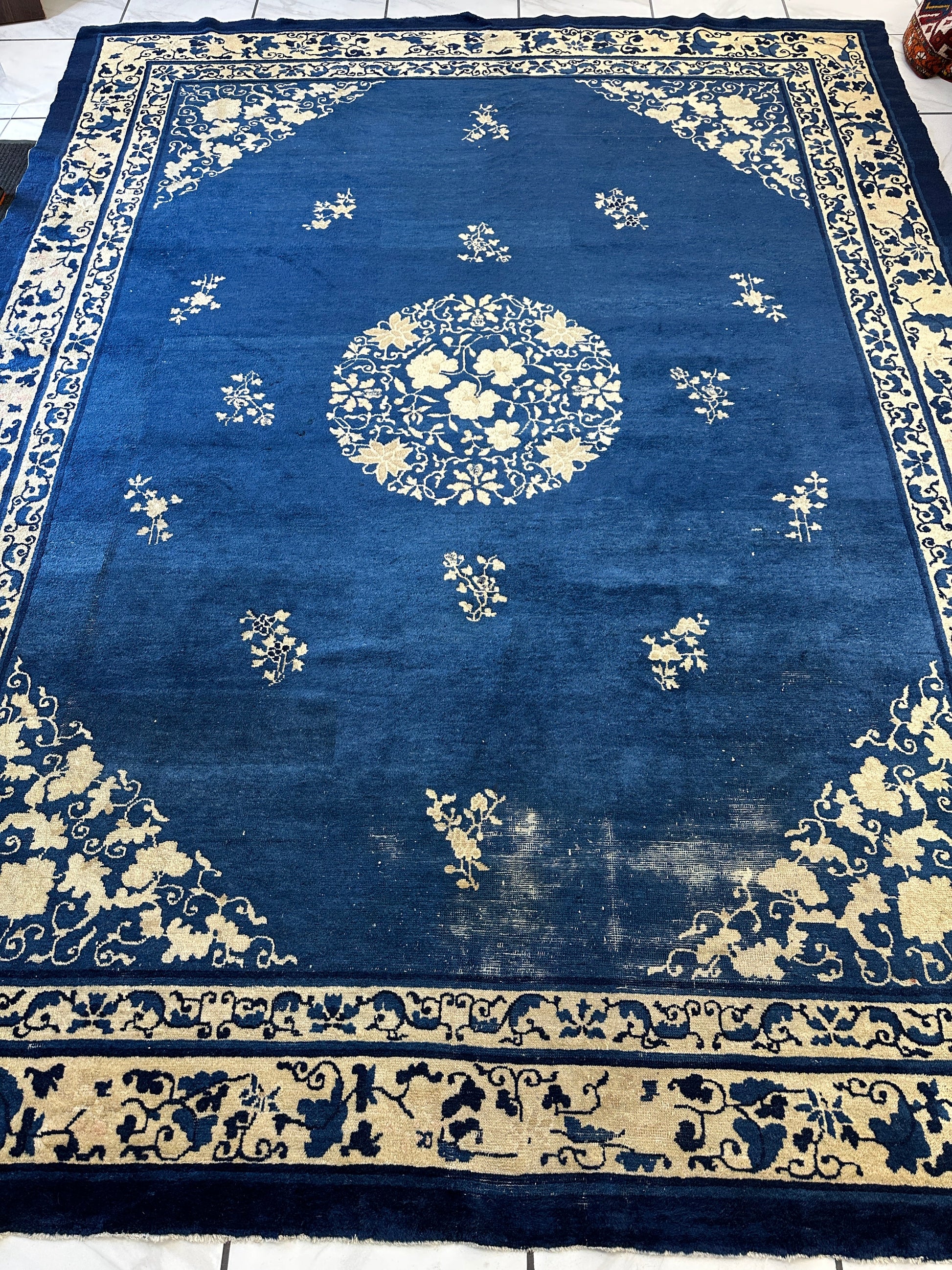 Hand-Knotted Antique Chinese Peking Wool Rug – 9’ x 11’5” – Distressed Blue, 19th Century - Tampa Home & Garden Store