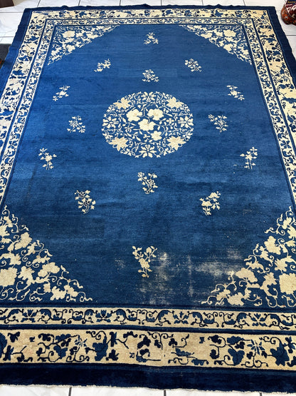 Hand-Knotted Antique Chinese Peking Wool Rug – 9’ x 11’5” – Distressed Blue, 19th Century - Tampa Home & Garden Store