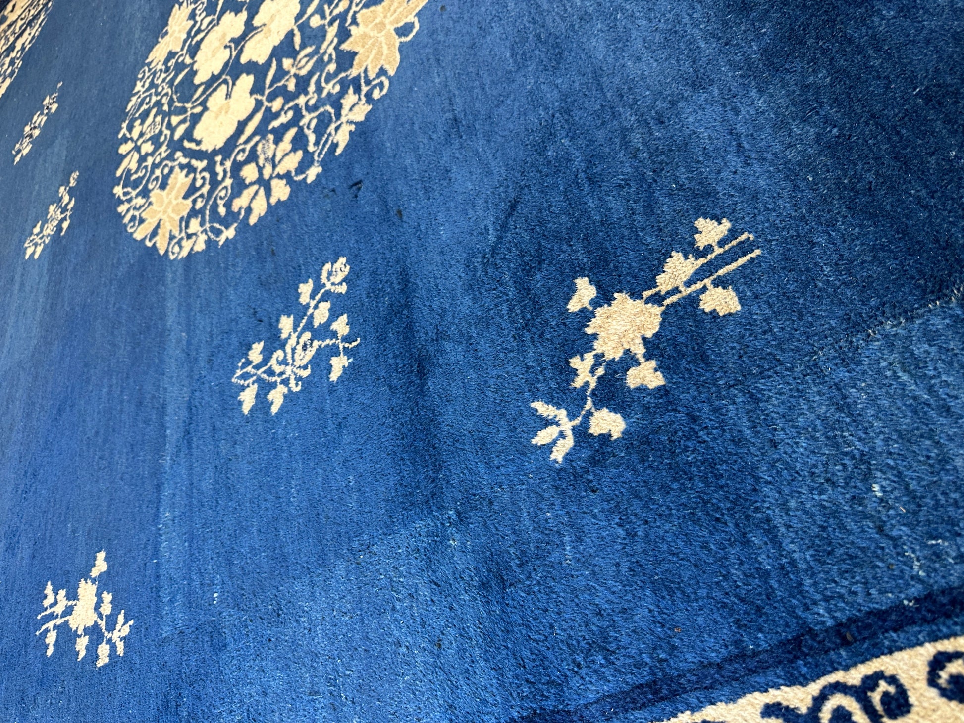 Hand-Knotted Antique Chinese Peking Wool Rug – 9’ x 11’5” – Distressed Blue, 19th Century - Tampa Home & Garden Store