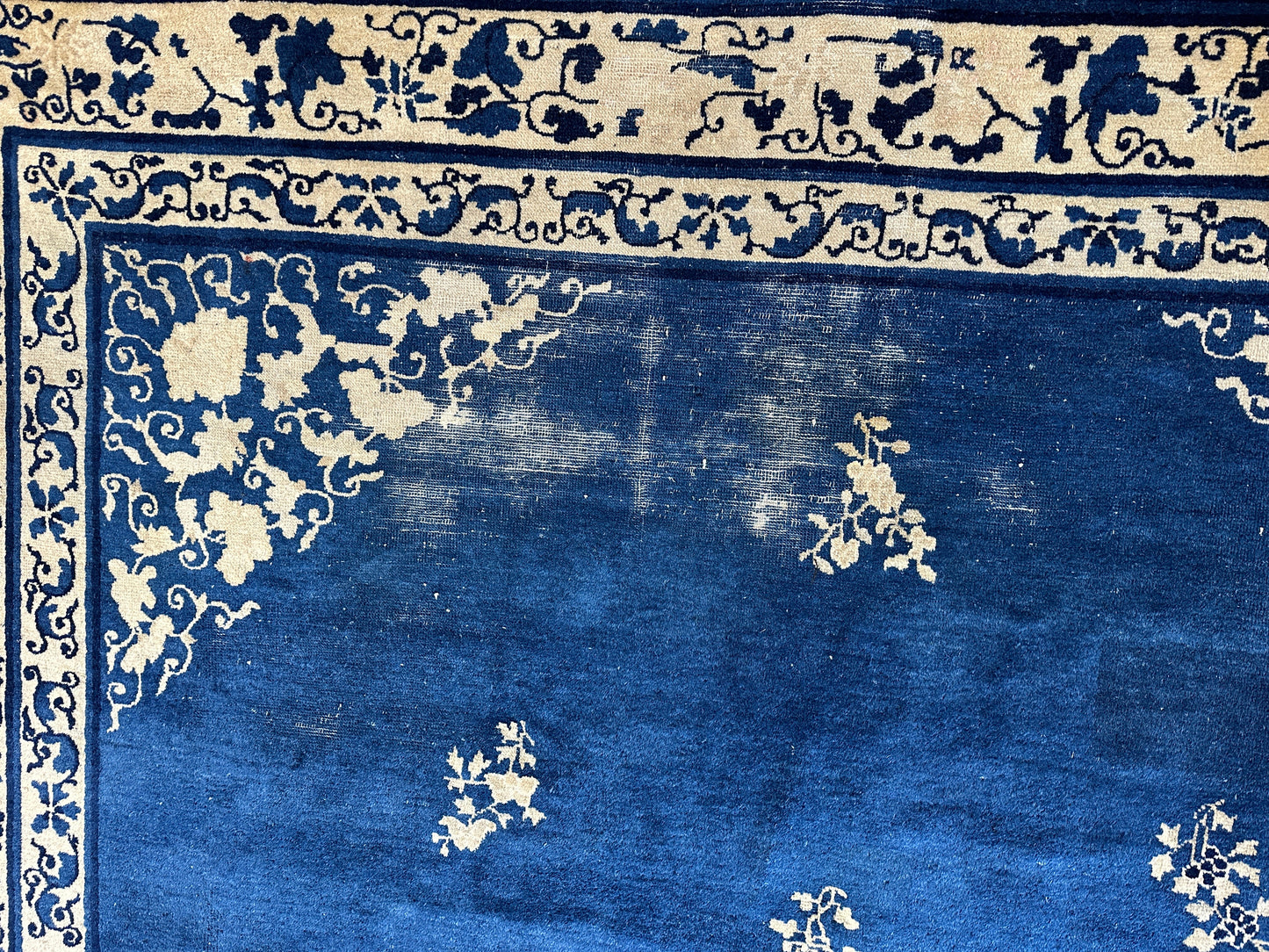 Hand-Knotted Antique Chinese Peking Wool Rug – 9’ x 11’5” – Distressed Blue, 19th Century - Tampa Home & Garden Store