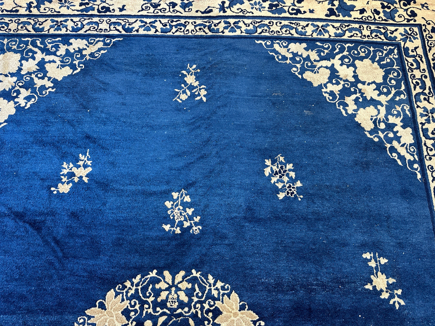 Hand-Knotted Antique Chinese Peking Wool Rug – 9’ x 11’5” – Distressed Blue, 19th Century - Tampa Home & Garden Store