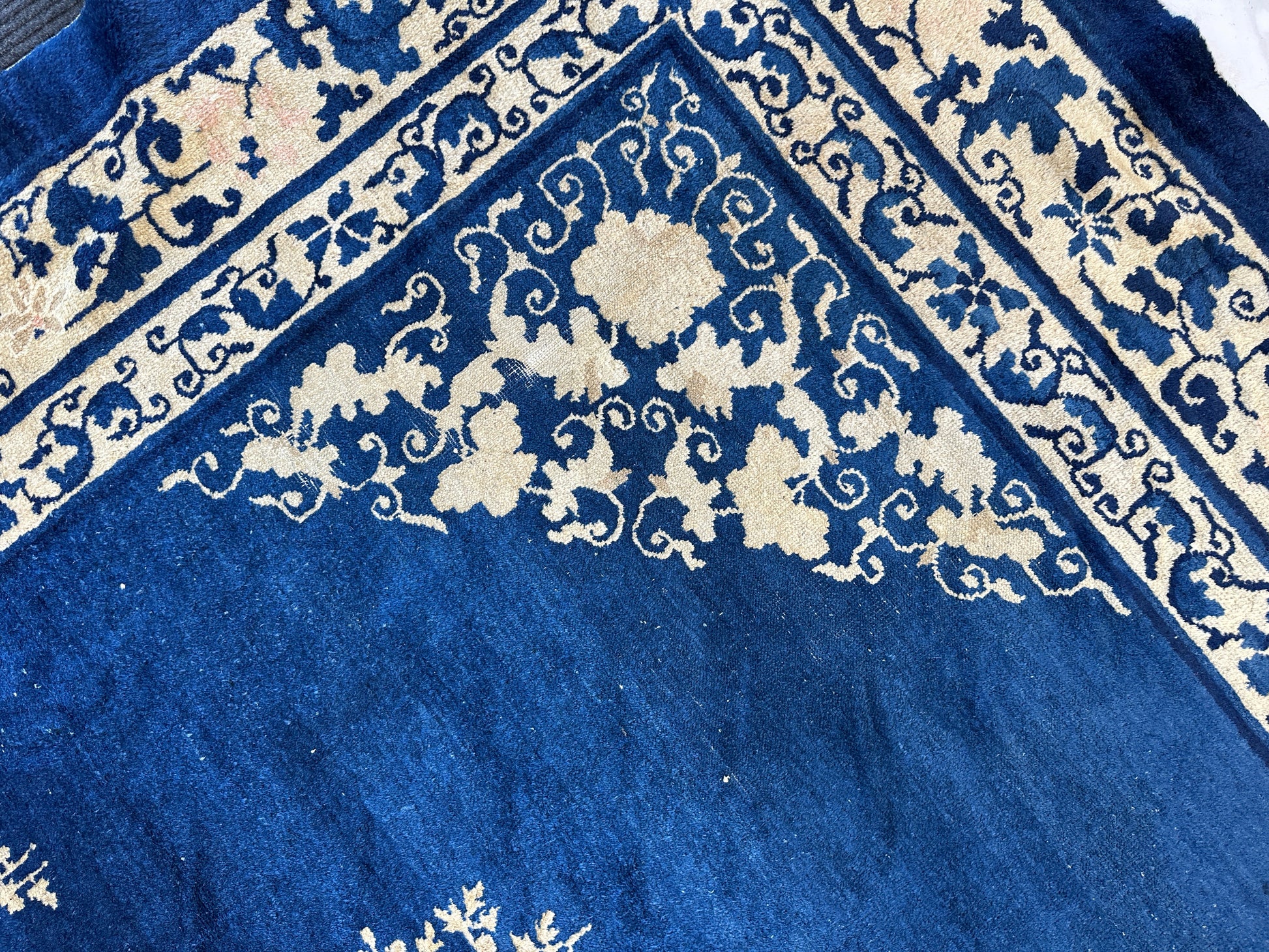 Hand-Knotted Antique Chinese Peking Wool Rug – 9’ x 11’5” – Distressed Blue, 19th Century - Tampa Home & Garden Store