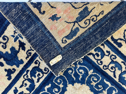 Hand-Knotted Antique Chinese Peking Wool Rug – 9’ x 11’5” – Distressed Blue, 19th Century - Tampa Home & Garden Store