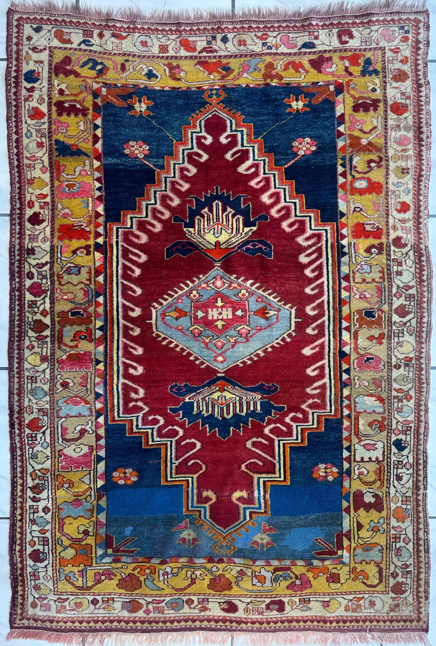 Hand-Knotted Antique Turkish Melas Wool Rug – 4'3" x 5'11" – Vibrant Geometric Motifs - Tampa Home & Garden Store
