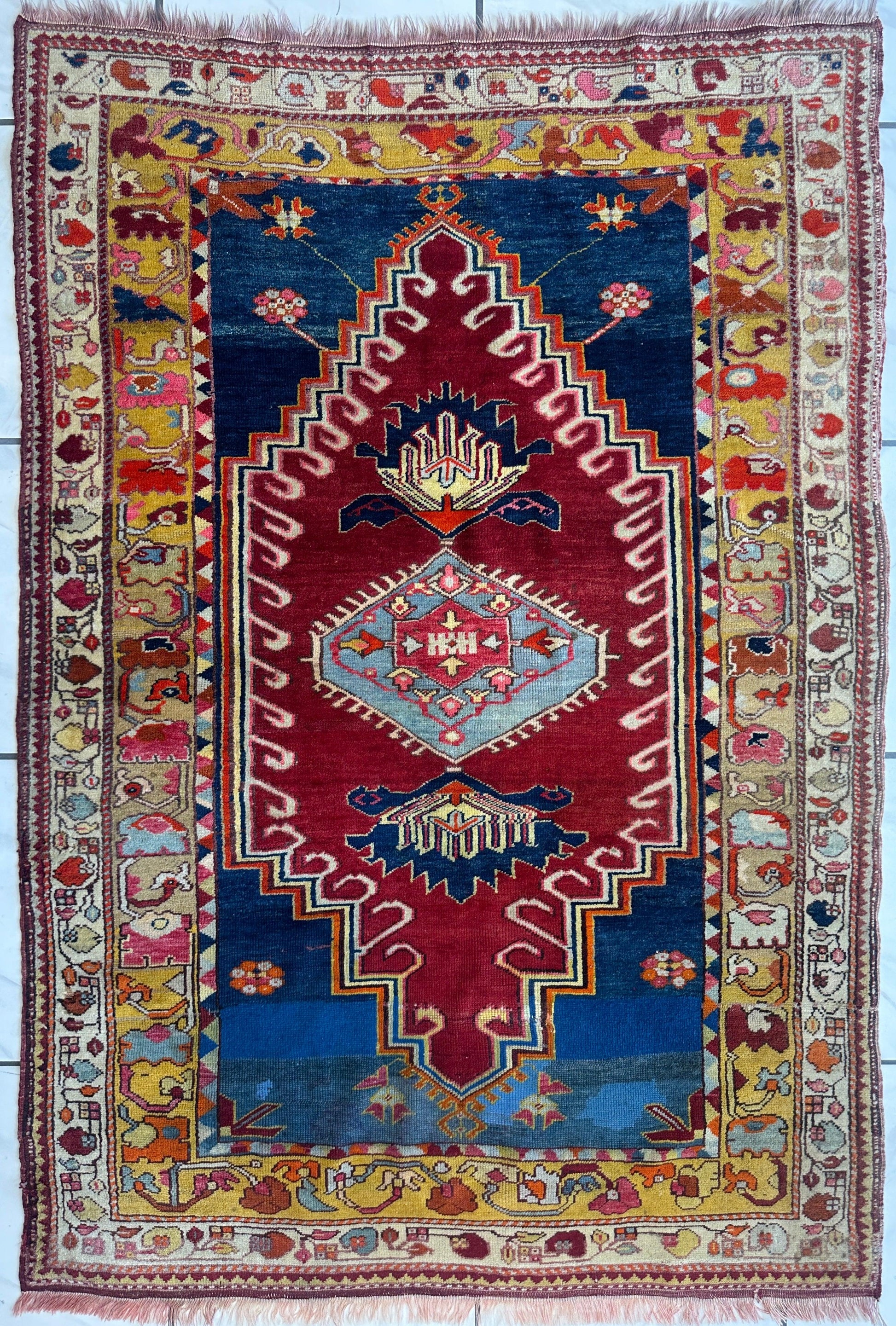 Hand-Knotted Antique Turkish Melas Wool Rug – 4'3" x 5'11" – Vibrant Geometric Motifs - Tampa Home & Garden Store