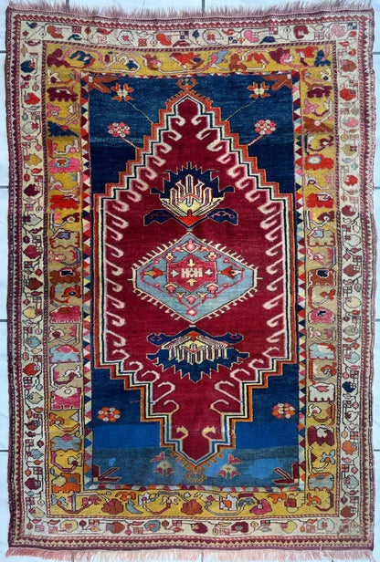 Hand-Knotted Antique Turkish Melas Wool Rug – 4'3" x 5'11" – Vibrant Geometric Motifs - Tampa Home & Garden Store