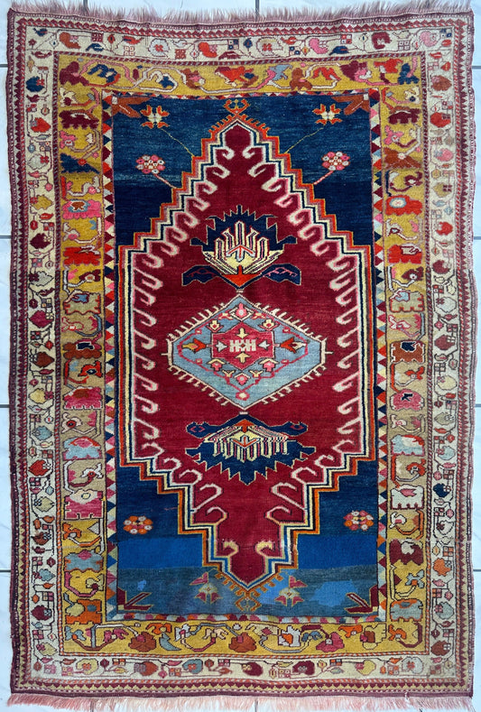 Hand-Knotted Antique Turkish Melas Wool Rug – 4'3" x 5'11" – Vibrant Geometric Motifs - Tampa Home & Garden Store