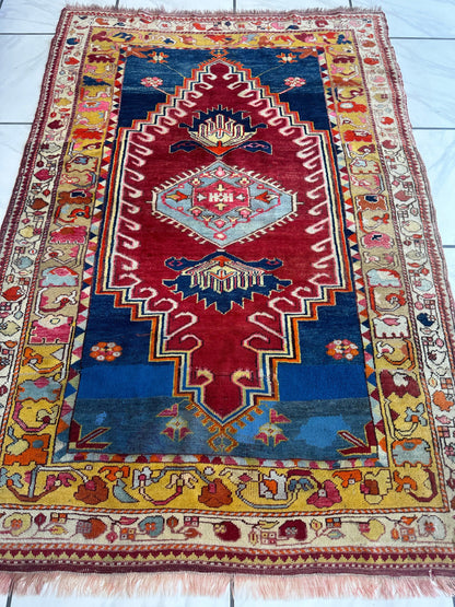 Hand-Knotted Antique Turkish Melas Wool Rug – 4'3" x 5'11" – Vibrant Geometric Motifs - Tampa Home & Garden Store