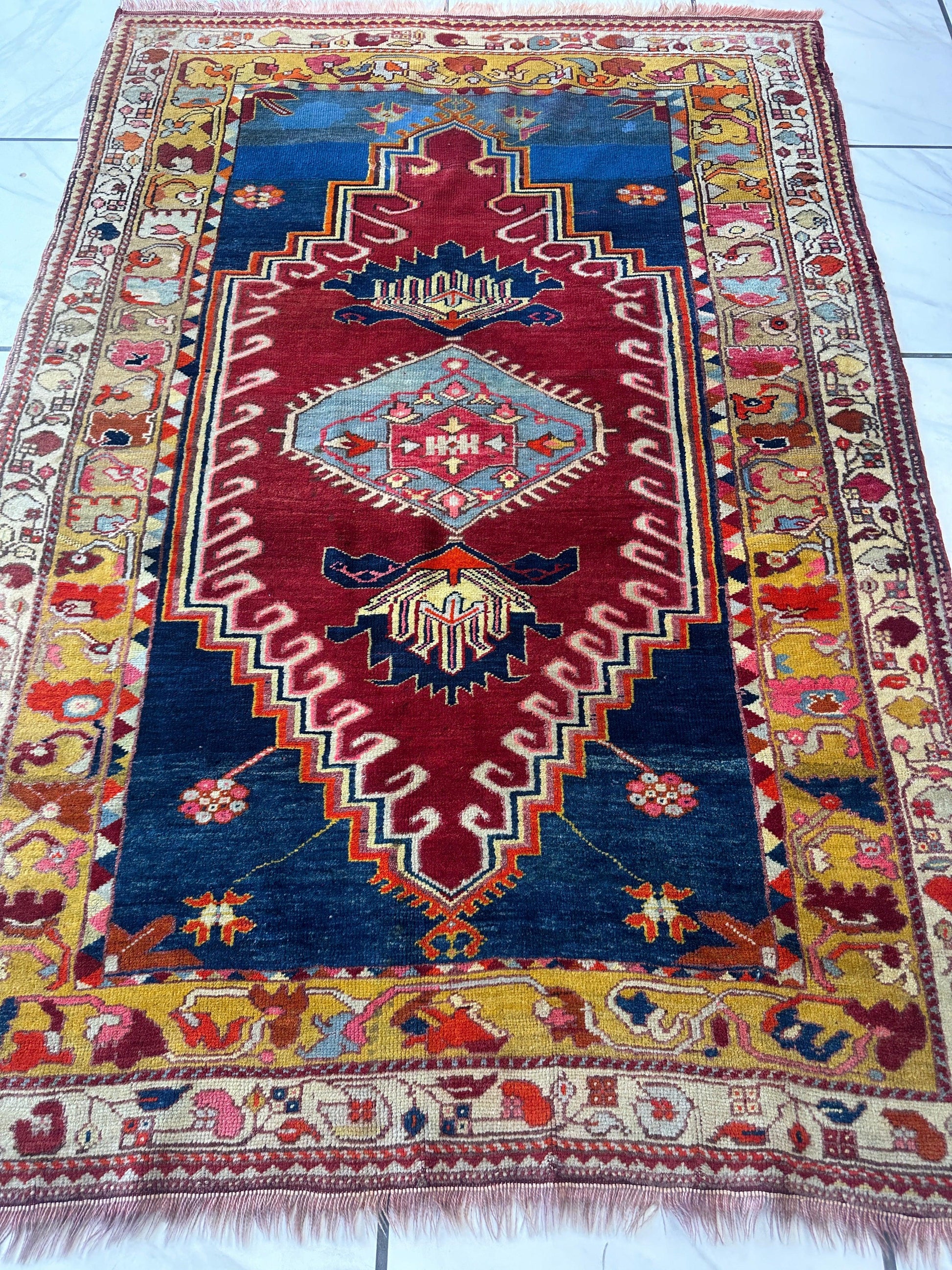 Hand-Knotted Antique Turkish Melas Wool Rug – 4'3" x 5'11" – Vibrant Geometric Motifs - Tampa Home & Garden Store