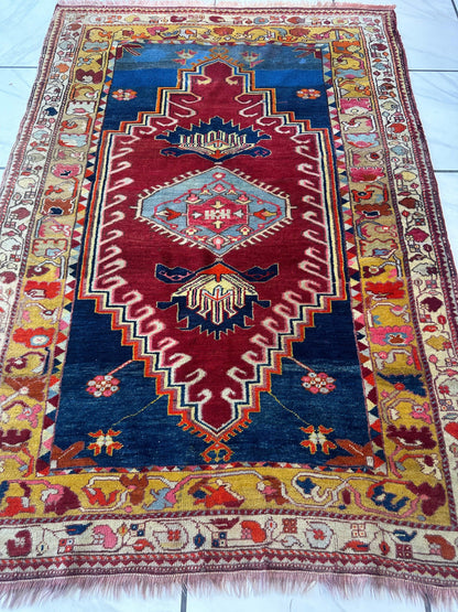Hand-Knotted Antique Turkish Melas Wool Rug – 4'3" x 5'11" – Vibrant Geometric Motifs - Tampa Home & Garden Store