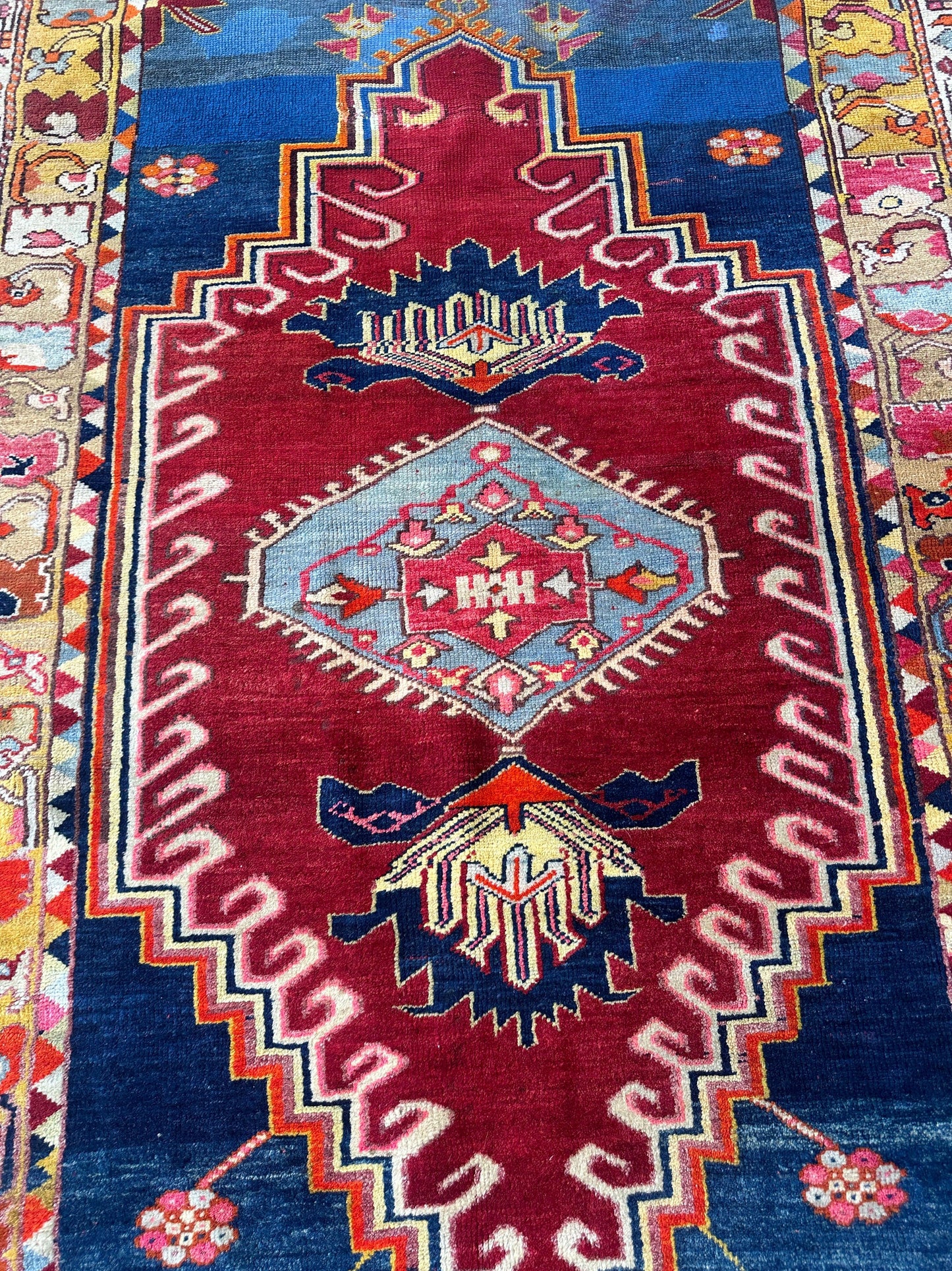 Hand-Knotted Antique Turkish Melas Wool Rug – 4'3" x 5'11" – Vibrant Geometric Motifs - Tampa Home & Garden Store