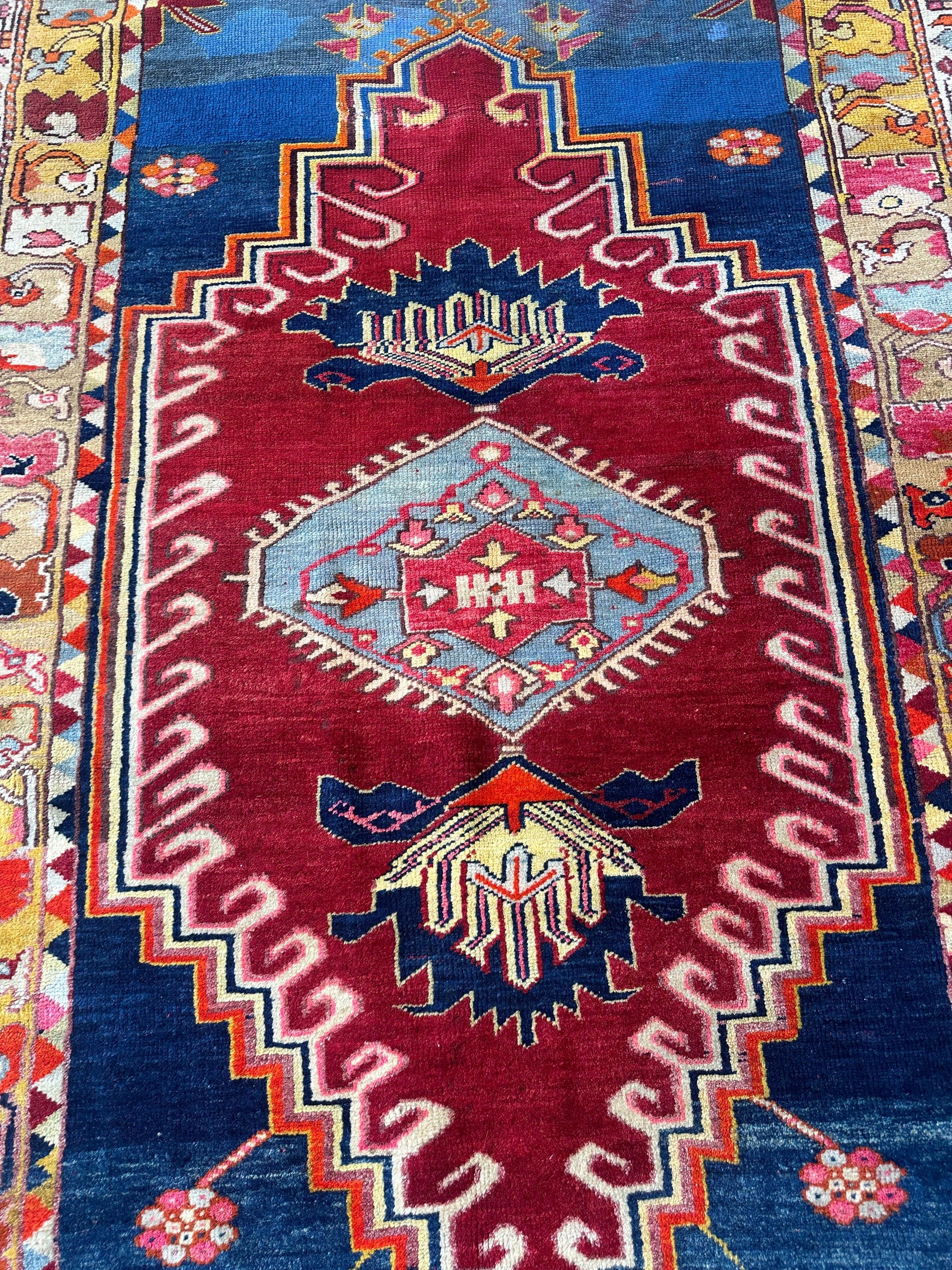 Hand-Knotted Antique Turkish Melas Wool Rug – 4'3" x 5'11" – Vibrant Geometric Motifs - Tampa Home & Garden Store