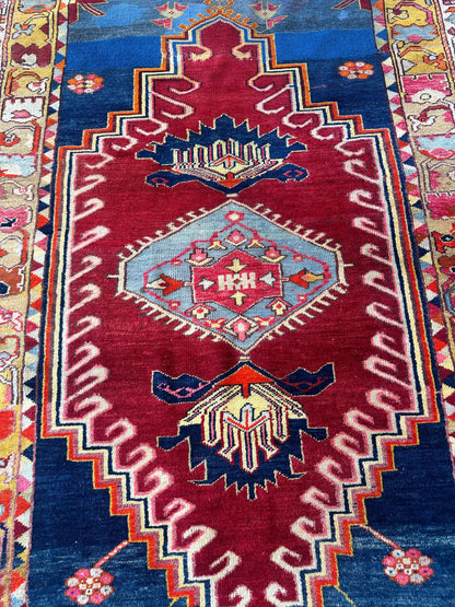 Hand-Knotted Antique Turkish Melas Wool Rug – 4'3" x 5'11" – Vibrant Geometric Motifs - Tampa Home & Garden Store