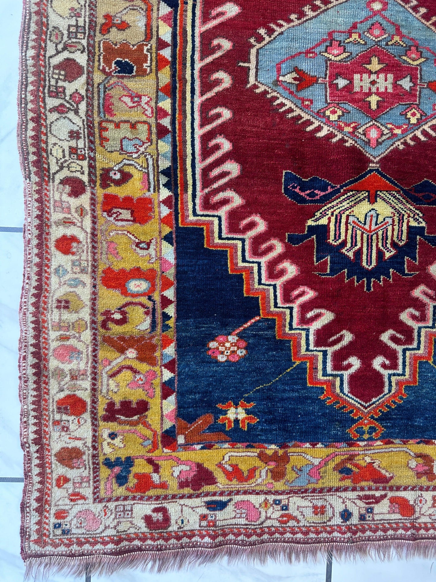 Hand-Knotted Antique Turkish Melas Wool Rug – 4'3" x 5'11" – Vibrant Geometric Motifs - Tampa Home & Garden Store