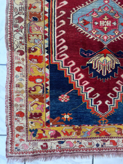 Hand-Knotted Antique Turkish Melas Wool Rug – 4'3" x 5'11" – Vibrant Geometric Motifs - Tampa Home & Garden Store