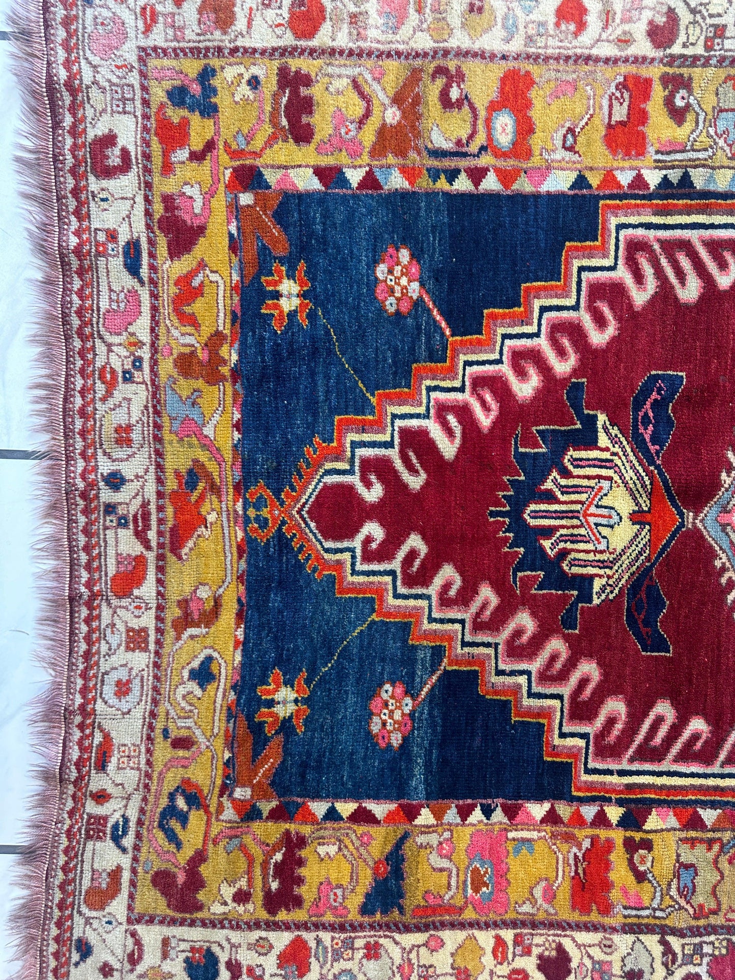 Hand-Knotted Antique Turkish Melas Wool Rug – 4'3" x 5'11" – Vibrant Geometric Motifs - Tampa Home & Garden Store