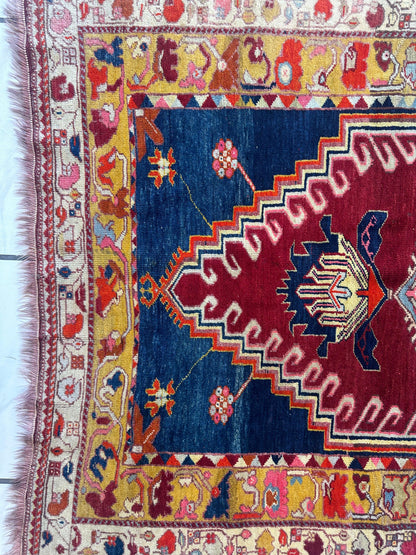 Hand-Knotted Antique Turkish Melas Wool Rug – 4'3" x 5'11" – Vibrant Geometric Motifs - Tampa Home & Garden Store