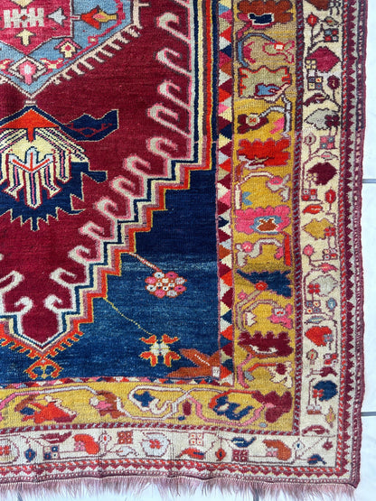 Hand-Knotted Antique Turkish Melas Wool Rug – 4'3" x 5'11" – Vibrant Geometric Motifs - Tampa Home & Garden Store
