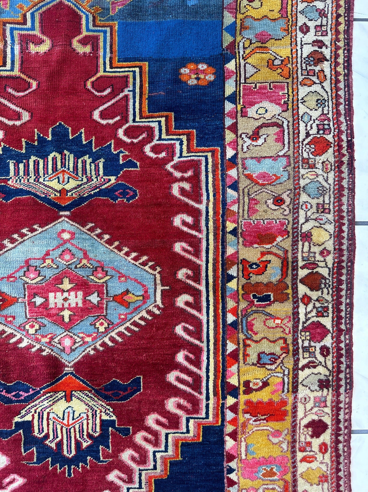 Hand-Knotted Antique Turkish Melas Wool Rug – 4'3" x 5'11" – Vibrant Geometric Motifs - Tampa Home & Garden Store