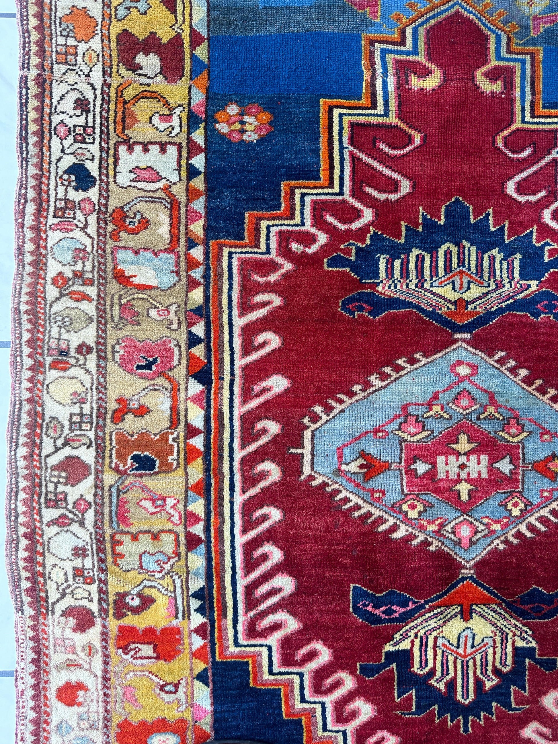 Hand-Knotted Antique Turkish Melas Wool Rug – 4'3" x 5'11" – Vibrant Geometric Motifs - Tampa Home & Garden Store