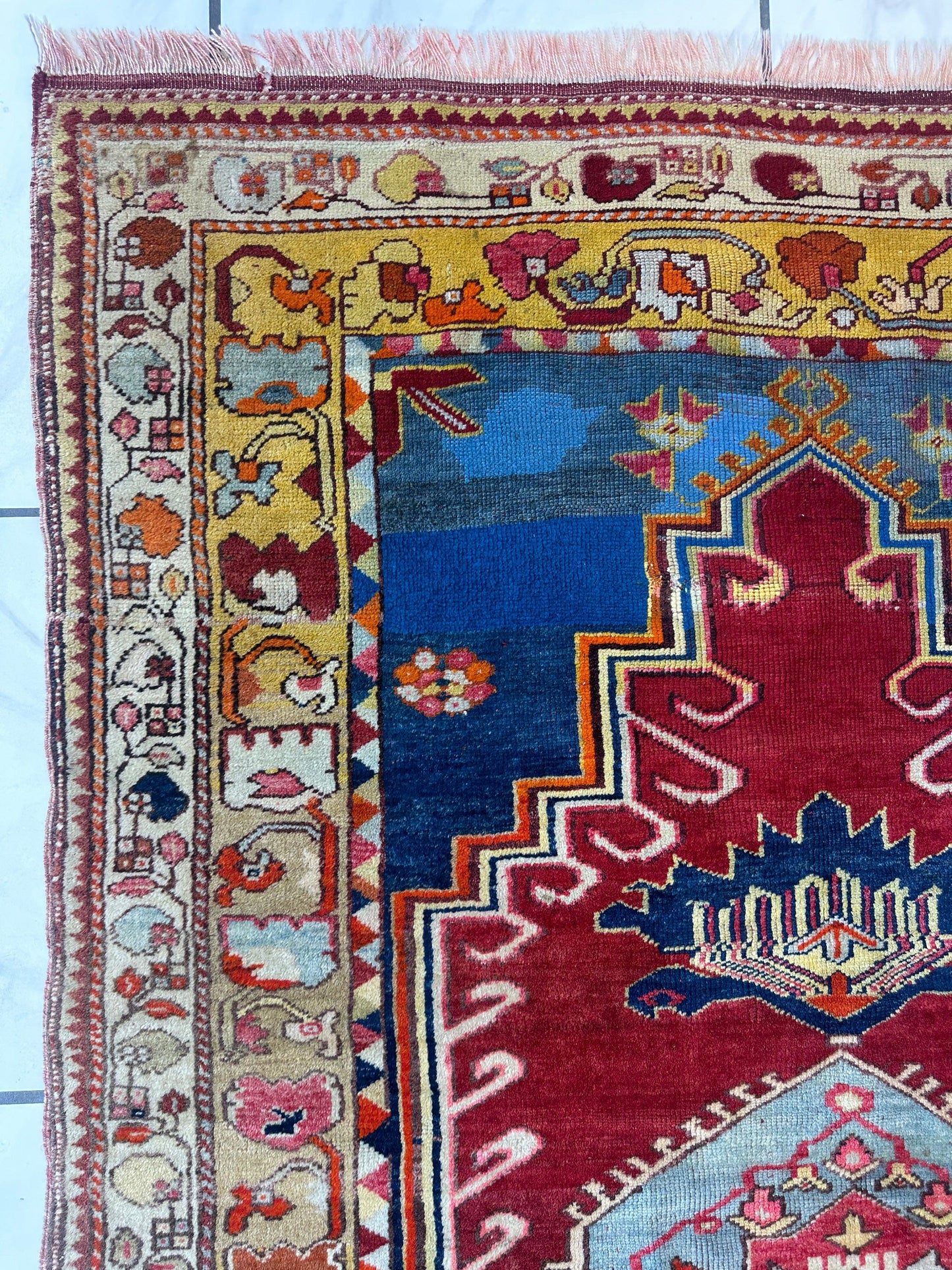 Hand-Knotted Antique Turkish Melas Wool Rug – 4'3" x 5'11" – Vibrant Geometric Motifs - Tampa Home & Garden Store