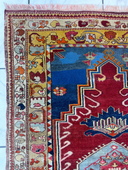 Hand-Knotted Antique Turkish Melas Wool Rug – 4'3" x 5'11" – Vibrant Geometric Motifs - Tampa Home & Garden Store