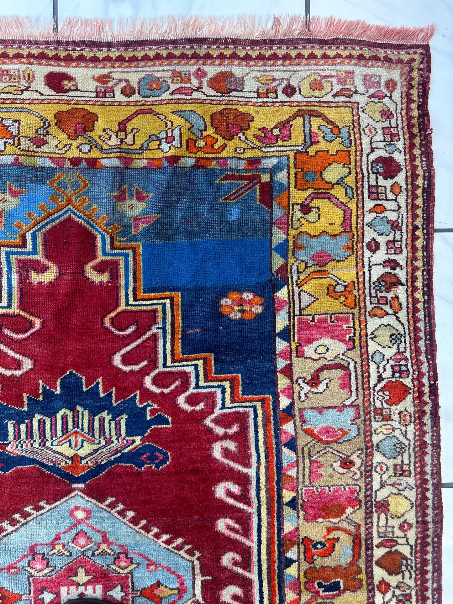 Hand-Knotted Antique Turkish Melas Wool Rug – 4'3" x 5'11" – Vibrant Geometric Motifs - Tampa Home & Garden Store