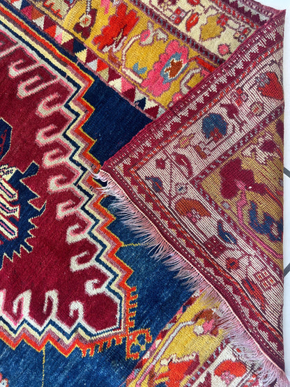 Hand-Knotted Antique Turkish Melas Wool Rug – 4'3" x 5'11" – Vibrant Geometric Motifs - Tampa Home & Garden Store
