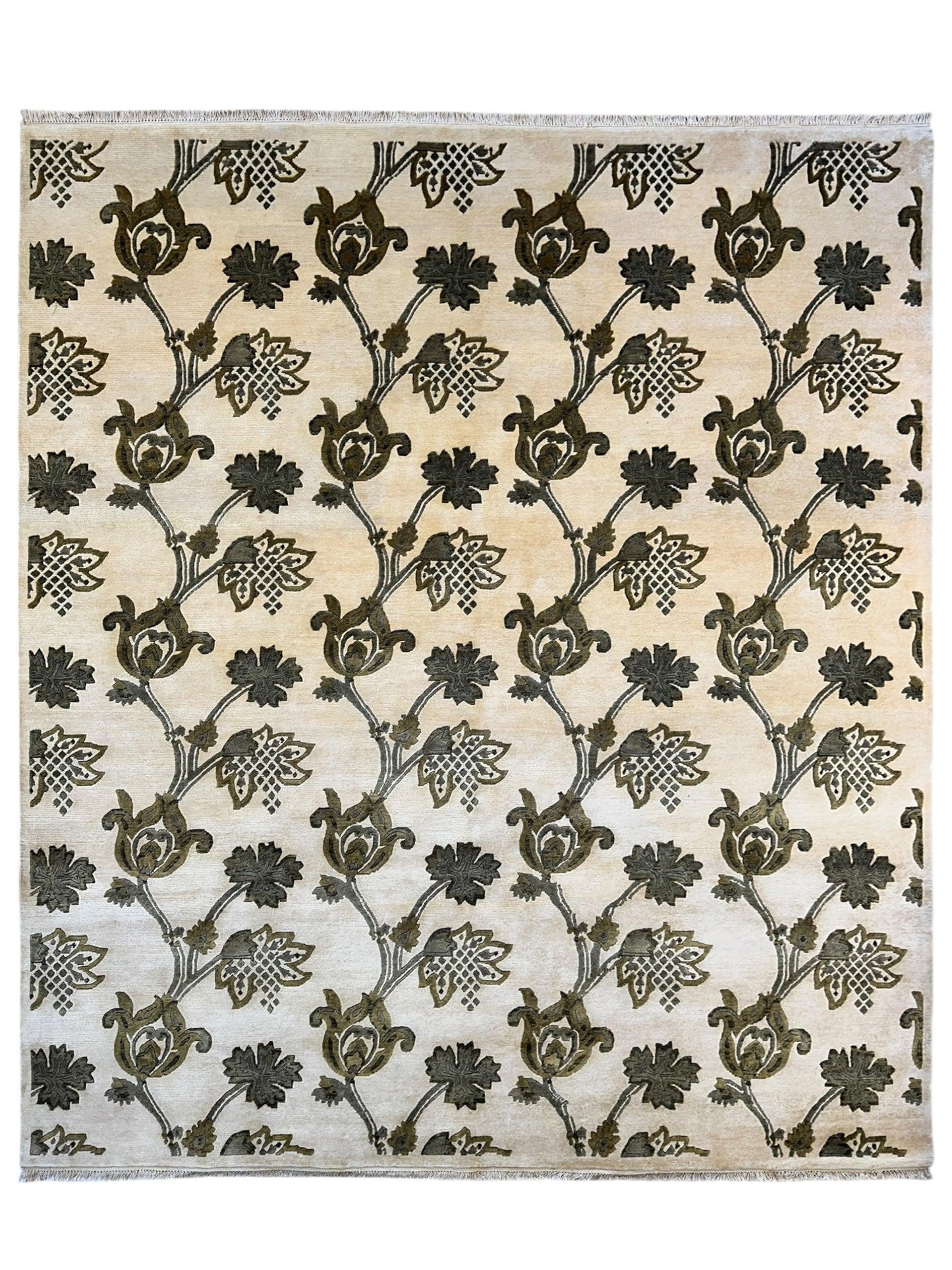 Hand-Knotted Indian Rug - 7'11" x 9'9" - Wool - Floral Pattern - Elegant Beige and Green Design - Tampa Home & Garden Store