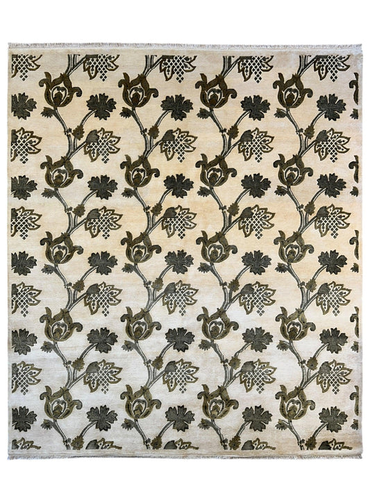 Hand-Knotted Indian Rug - 7'11" x 9'9" - Wool - Floral Pattern - Elegant Beige and Green Design - Tampa Home & Garden Store
