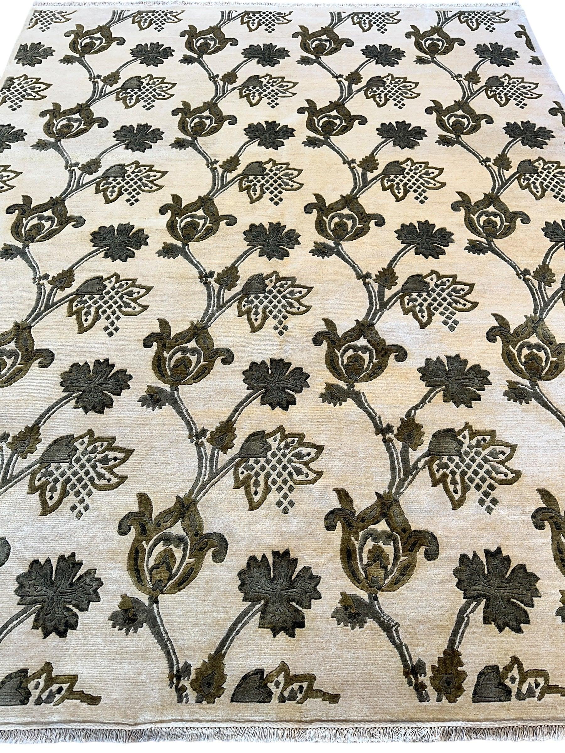 Hand-Knotted Indian Rug - 7'11" x 9'9" - Wool - Floral Pattern - Elegant Beige and Green Design - Tampa Home & Garden Store