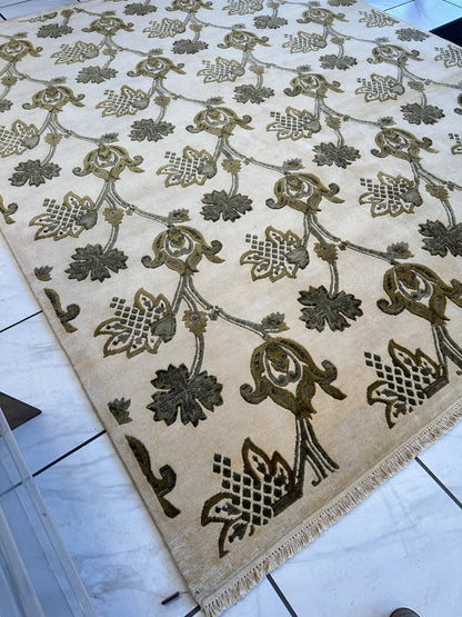 Hand-Knotted Indian Rug - 7'11" x 9'9" - Wool - Floral Pattern - Elegant Beige and Green Design - Tampa Home & Garden Store