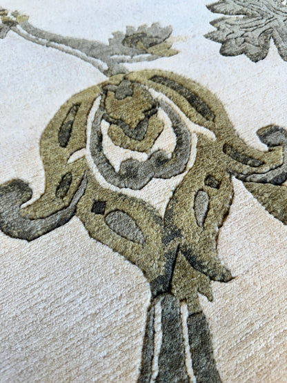 Hand-Knotted Indian Rug - 7'11" x 9'9" - Wool - Floral Pattern - Elegant Beige and Green Design - Tampa Home & Garden Store