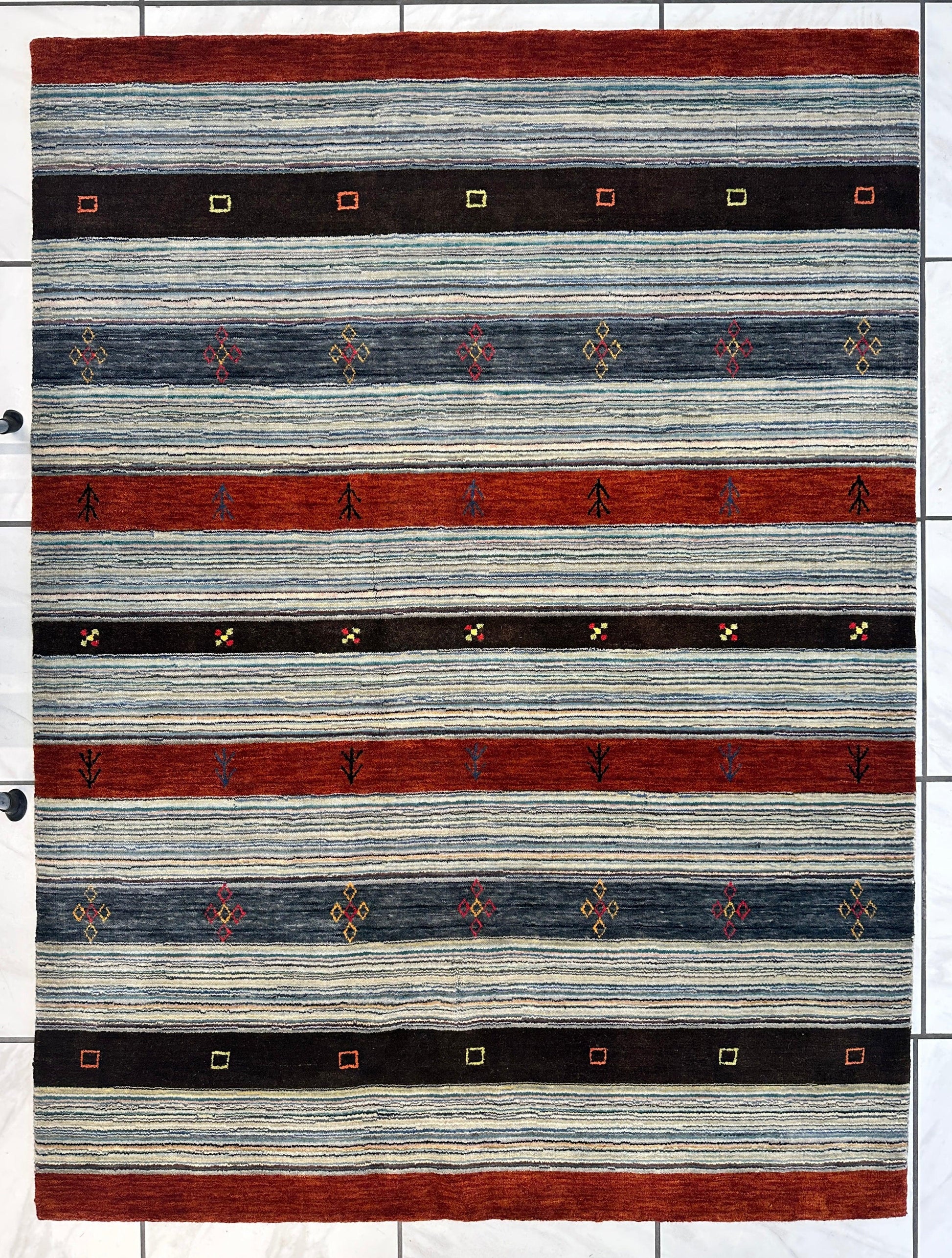 Hand-Knotted Indo-Gabbeh Wool & Bamboo Rug – 5'2" x 7' – Durable Striped Design - Tampa Home & Garden Store